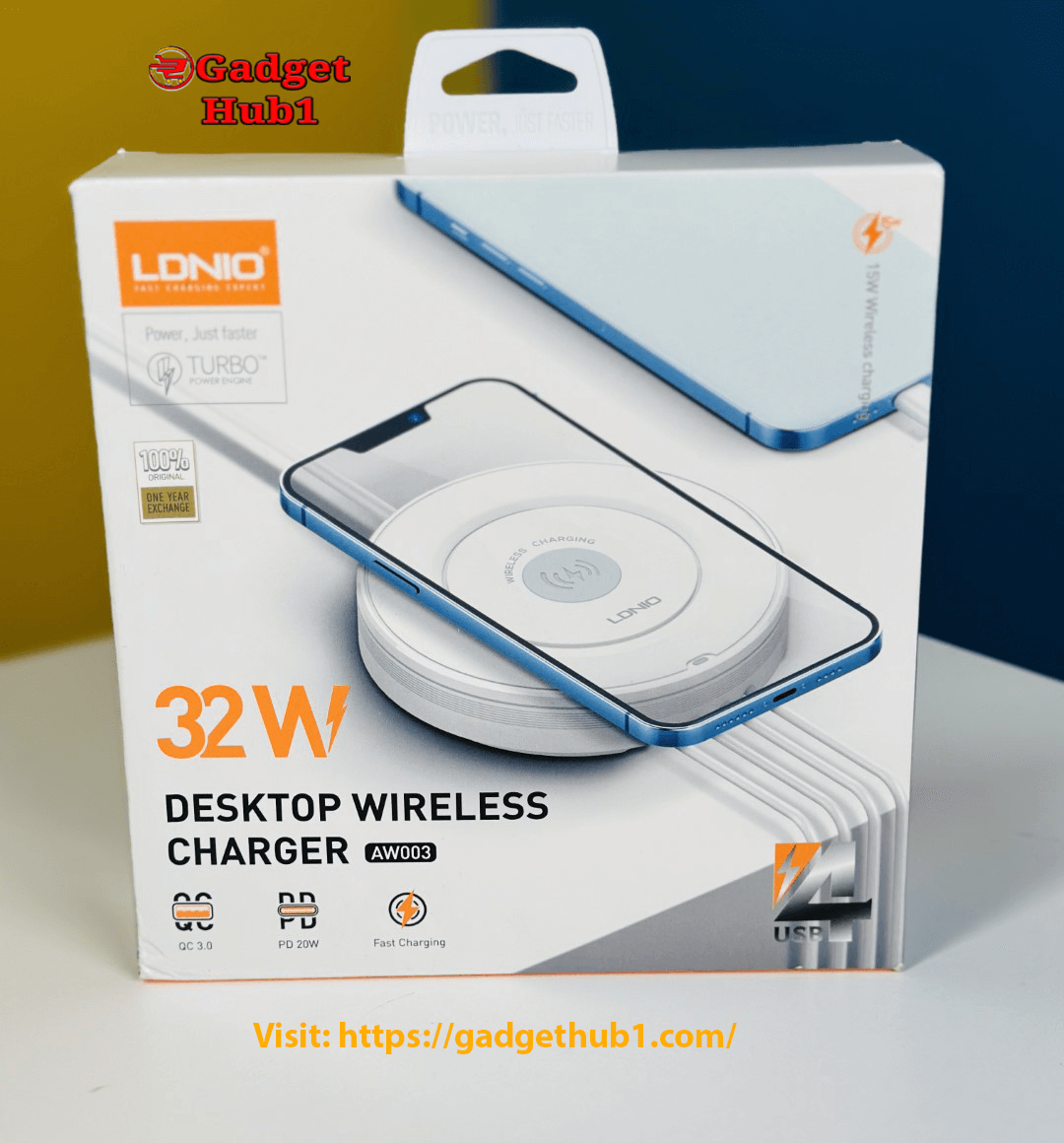 LDNIO AW003 4-Port Fast Charger with 32W Wireless Charging, including 1 PD, 1 QC3.0, and 2 USB-A Ports
