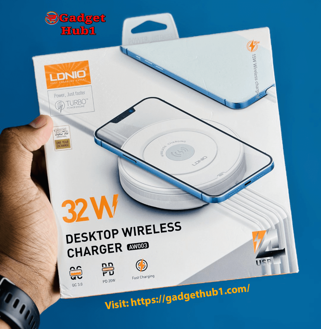 LDNIO AW003 4-Port Fast Charger with 32W Wireless Charging, including 1 PD, 1 QC3.0, and 2 USB-A Ports