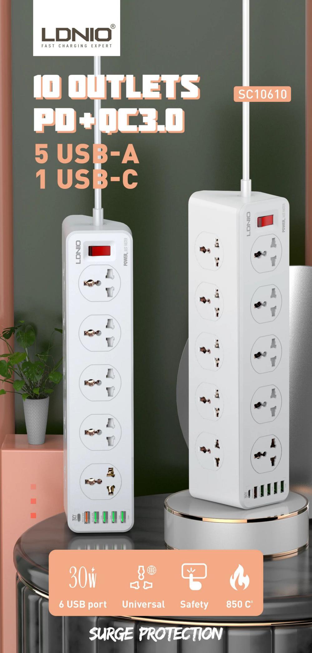 LDNIO SC10610 30W 6-Port USB Charger Power Strip