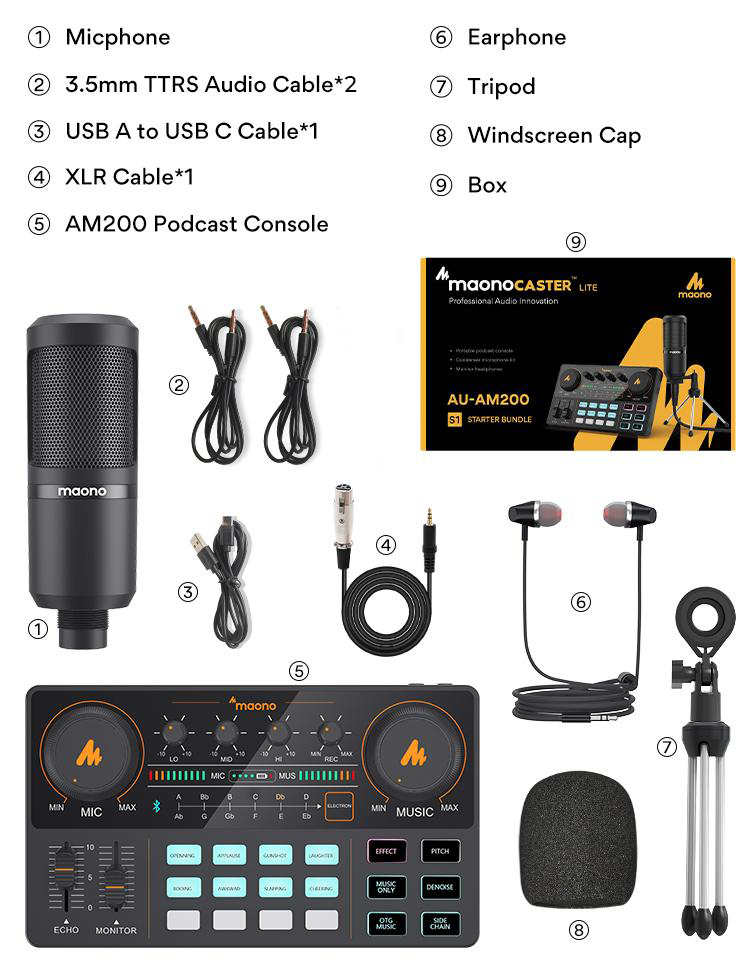 MAONOCASTER Lite Live Streaming Bundle: All-In-One Podcast Production Studio Comes With Digital Audio Interface + Condenser Mic + Headphone (AU-AM200-S1)