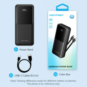 Vention FHPB0 22.5W 20000mAh Power Bank with Built-in USB-C & Lightning Cables