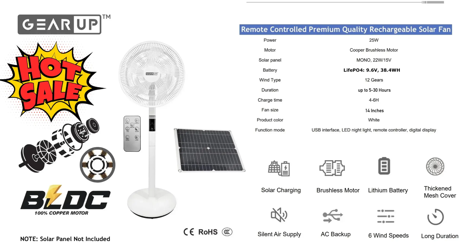 GearUP Premium Solar Stand Fan – Triple Power Source, Maximum Comfort